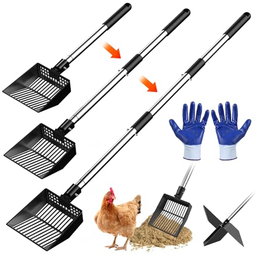 Metal Chicken Poop Scooper Heavy Duty Sifting Shovel Chicken Accessories Cleaning Tools Adjustable to 41.3" Long Handle Poop Shovel for Poultry Litter Scooper Supplies
