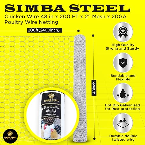 Chicken Wire 48 in x 200 FT x 2” Mesh x 20GA | Poultry Wire Netting | Hot Dipped Galvanized | Chicken Coop, Rabbit Cage, Fence Barrier (48 x 200 x 2) - style: 48 in x 200 FT x 2 in