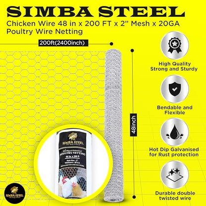 Chicken Wire 48 in x 200 FT x 2” Mesh x 20GA | Poultry Wire Netting | Hot Dipped Galvanized | Chicken Coop, Rabbit Cage, Fence Barrier (48 x 200 x 2) - style: 48 in x 200 FT x 2 in