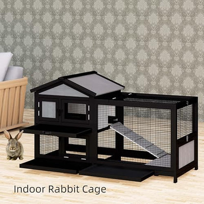 Uoyotar 57" Indoor Rabbit cage,Rabbit Hutch Bunny Cage Outdoor Guinea Pig Cage Small Chicken Coop with 2 Wheels with Bedding, Pull Out Tray no Leak,Waterproof Roof,2 Story Solid - size: 58.0"L x 22.1"W x 32.4"H