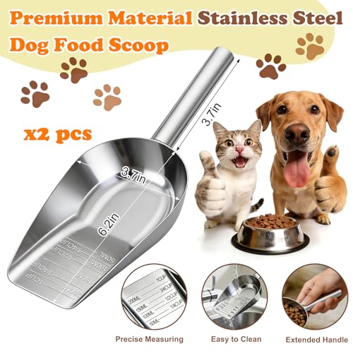 Mity rain 2PCS Dog Food Scoop Stainless Steel with Long Handle, Precise Dog Food Measuring Cup 1, 3/4, 1/2, 1/4 Cup, Pet Scoop for Cats, Rabbits, Animals, Metal Spoon for Dog Food Storage (2 CUP) - size: 2.0 CUP
