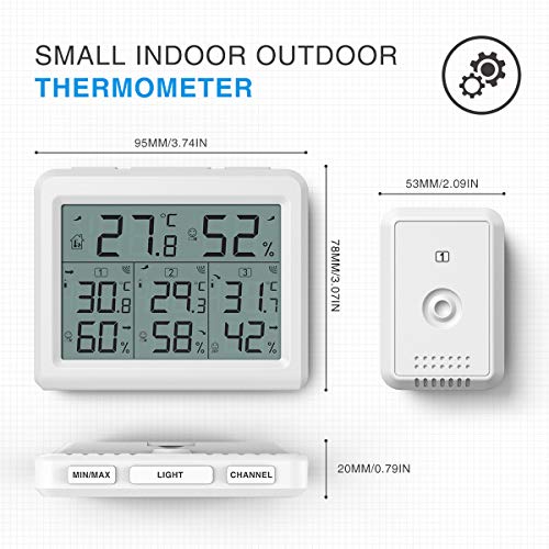 AMIR Indoor Outdoor Thermometer, 3 Channels Digital Hygrometer Thermometer with 3 Sensor, Temperature Humidity Monitor with LCD Display, Wireless Humidity Gauge for Home, Baby Room