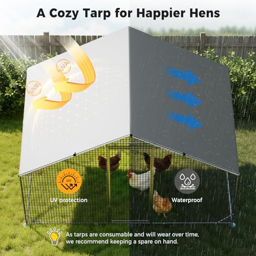 CAMMOO Metal Chicken Coop with Run, 9.8x6.6x6.6ft Walk-in Chicken Run for Yard with Cover, Upgrade Double Lock & Tough Mesh, Stainless Steel Ties, Easy Assembly, Chicken Pen for Ducks, Rabbits - size: 9.8'L x 6.6'W x 6.6'H