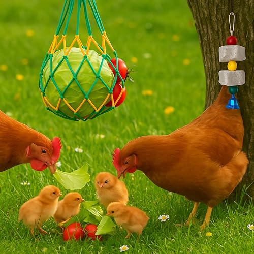 Chicken Hanging Feeder Enrichment Toys and Pecking Block, Beak Grinding Calcium Stone With Bells, Chickens Pecking Toy, Boredom Busters For Chickens Enrichment Toys, Chicken Coop Accessories (Net Bag)