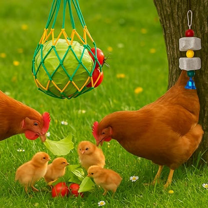Chicken Hanging Feeder Enrichment Toys and Pecking Block, Beak Grinding Calcium Stone With Bells, Chickens Pecking Toy, Boredom Busters For Chickens Enrichment Toys, Chicken Coop Accessories (Net Bag)