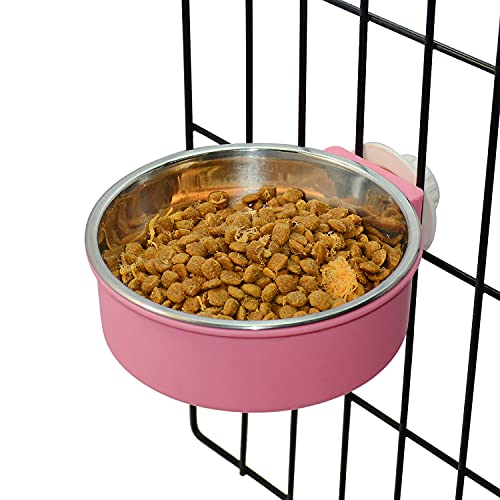 Crate Dog Bowl, Removable Stainless Steel Dog Water Food Feeder Bowls, Cage Cup Bowl for Frenchie Small Middle Dog and cat, Rats,Rabbit - color: Pink, size: Small