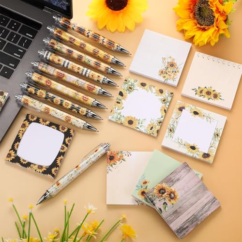 18 Pcs Sunflower Desk Accessories, 9 Pads Cute Sticky Notes, 9 Kawaii Pens, 3 x 3 Inches Notepads Memo Pad for Office Supplies Meeting Students School Decor Teacher Gifts - style: Sunflower