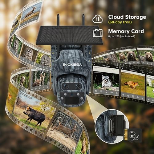 Trail Camera, No WiFi Needed Security Camera, 355° PTZ Outdoor Camera with 12X Zoom, Monitor Anywhere, Color Night Vision, PIR Motion Detection, 7800mAh Battery，IP66