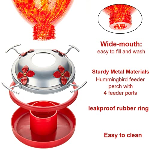 REZIPO Hummingbird Feeder with Perch - Hand Blown Glass - Red - 38 Fluid Ounces Hummingbird Nectar Capacity Include Hanging Wires and Moat Hook - color: Red