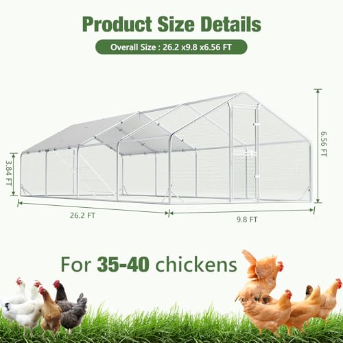 Sannwsg Large Metal Chicken Coop with Run, Walk in Chicken Pen with Waterproof Cover, Secure Lock, Heavy Duty Poultry Cage with Feeding Door for Outdoor Farm Use（26x10 FT - size: 26x10ft