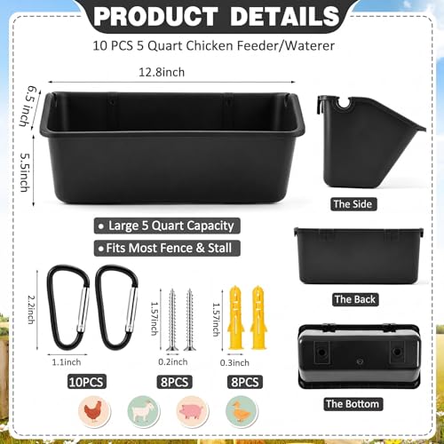 Wenqik 10 Pack Chicken Feeder Waterer Hanging Goat Feeders, 5 Quart Fence Mount Poultry Feed Troughs with Metal Clips and Screws, Livestock Feed Buckets for Sheep Duck Coop, Farm, Geese (Black) - color: Black