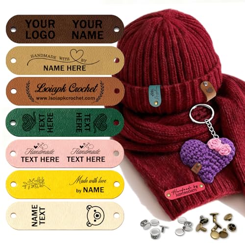Customized Faux Leather Tags, Personalized Tags Labels for Knitting Crochet, Knitting Label with Rivets, Handmade with Love Label for Hats Beanies Scarves & More (2.75 x 0.75 inches) - size: 2.75 x 0.75 inches