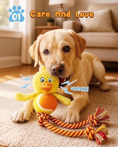 Swooflia Durable Squeaky Dog Toy - Interactive Plush Cute Duck with Rope Legs, Teeth Cleaning Tug Toy for Small Medium and Large Dogs, Puppy Chew Toy for Training and Play - color: Yellow