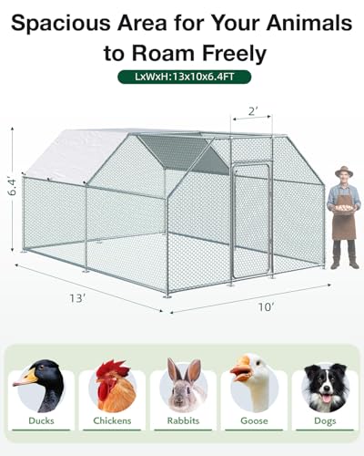 Esright Metal Chicken Coop Run, 13x10 Ft, Flat Roof | Rust-Resistant Galvanized Steel Tube with Wire Mesh, 420D Oxford Fabric Waterproof Cover