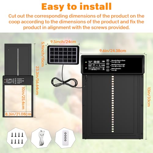 Automatic Chicken Coop Door,Solar Chicken Coop Door with Remote Control, LCD Display Automatic Chicken Door Function with Timer, Light Sensor, Anti-Pinch,Made of Aluminum Alloy and ABS