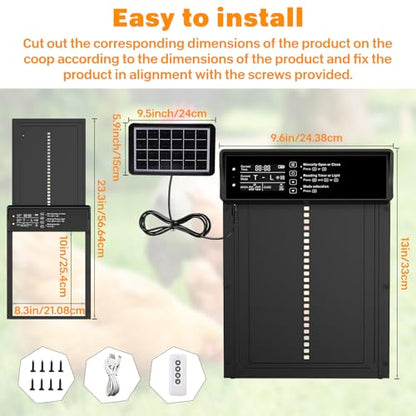 Automatic Chicken Coop Door,Solar Chicken Coop Door with Remote Control, LCD Display Automatic Chicken Door Function with Timer, Light Sensor, Anti-Pinch,Made of Aluminum Alloy and ABS
