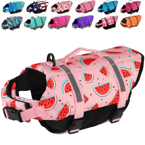 Doglay Dog Life Jacket, Dog Life Vest for Swimming Boating, Adjustable Puppy Life Jacket with Reflective Stripes, Superior Buoyancy Pet Swimming Vest for Small Medium and Large Dogs - color: Watermelon, size: X-small