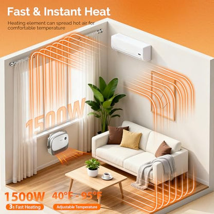 ROVSUN 1500W Small Wall Mounted Space Heater with Remote Control, PTC Heating Element & 3s Fast Heating, Wall Electric Heater with Portable Handle, 12H Timer, for Indoor Use, Samll Room, Bedroom, Home