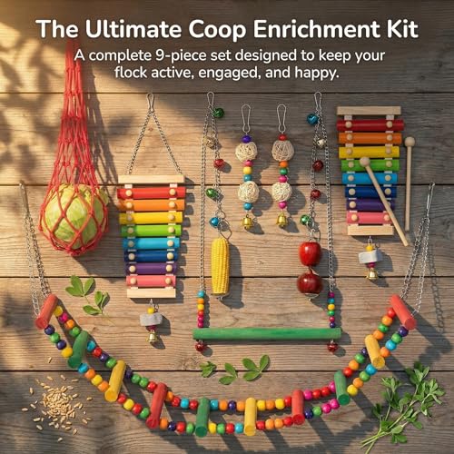 Complete Chicken Toys Set of 9 – All-in-One Chicken Coop Accessories with Xylophone, Swing, Chicken Mirror, Ladder, Vegetable String Bag & Hanging Feeder Coop Toy for Happy Hens - size: 9PCS