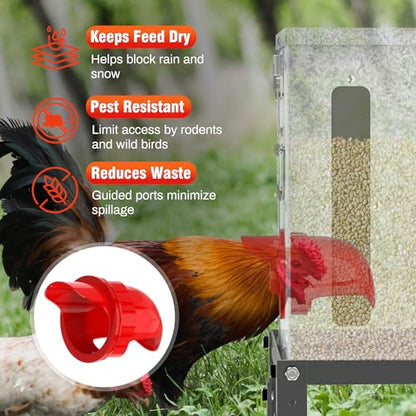 40LB Metal Chicken Feeder with Adjustable Legs - Automatic Gravity Poultry Feeder No Waste - Rat Proof Galvanized Large Chicken Feed Container with 6 Ports & Double Viewing Windows