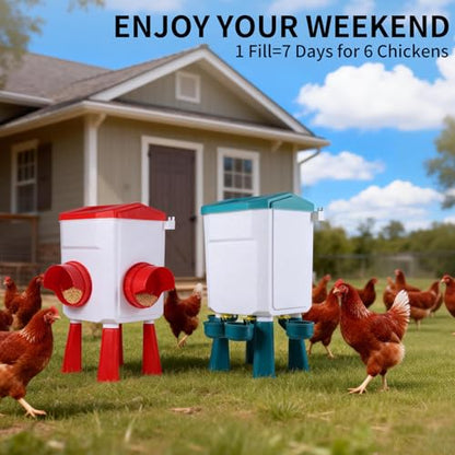 Chicken Feeder and Waterer Set - 2.1 Gal & 17.6 Lbs Automatic Gravity Poultry Kit - No Waste Port Feeder, Leak Proof Hanging Waterer w/Adjustable Legs for Chicks Hens