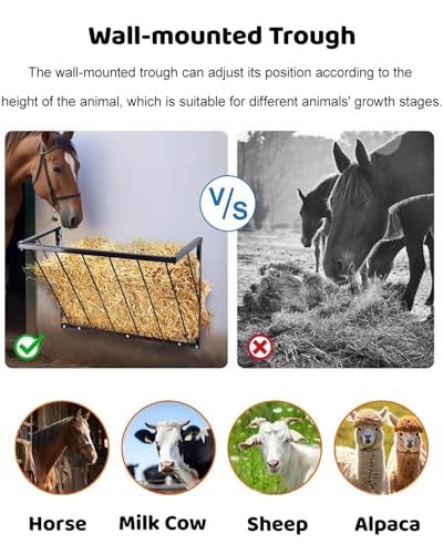 Wall Mount Horse Feeder for Flat Wall, Small Hay Rack Grain Feeders for Goats Sheep Horse Steel Livestock Trough with 25 Gallon Capacity