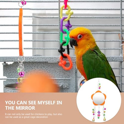 Gadpiparty Chicken Hanging Mirror with Bells, Sturdy Rooster and Hen Pet Mirror for Parrots and Birds, Interactive Gnawing Swing for Bird Cages and Coops