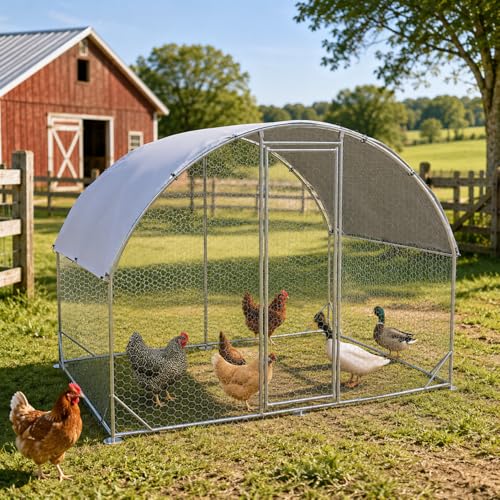 EUNHOO Large Walk-in Chicken Run, Dome Roof Metal Chicken Coop with Waterproof UV Cover, Outdoor Poultry Enclosure for Yard, Backyard Farm Pen for Chickens, Ducks and Rabbits, 6.5'Lx9'Wx6.5'H - color: Dome Roof, size: 78.8"L x 118.0"W x 78.0"H