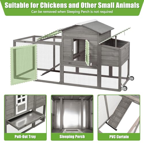 Ketive Chicken Coop with Run and Wheels, Outdoor Wooden Hen House with Nesting Box, Asphalt Roof, Removable Tray, Mobile Poultry Cage Rabbit Hutch - color: Grey, size: 74.8"L x 22.1"W x 39.4"H
