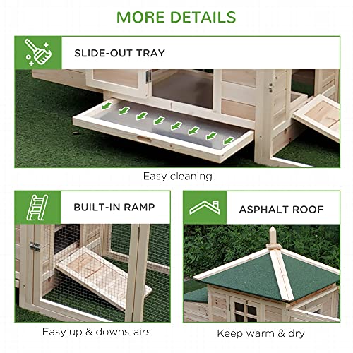 PawHut 77" Wooden Chicken Coop with Nesting Box, Cute Outdoor Hen House with Removable Tray, Ramp Run, for Garden Backyard, Natural - color: Natural