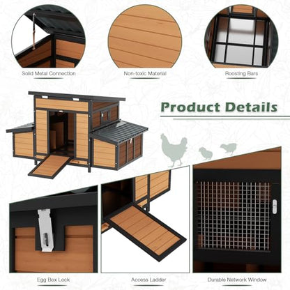 Chicken Coop, Large Wooden Chicken House with Waterproof Roof & Pull-Out Tray, Outdoor Chicken Hutch with 6 Nesting Boxes, Duck Coop Hen House for 4-6 Chicken, Reddish Brown - color: Reddish Brown