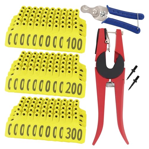 Cattle Ear Tags 001-300 Number Plastic Livestock Animal Tag for Cows Ear Tag Applicator Kit (001-300, Yellow) - color: Yellow