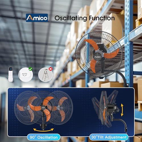 Amico 20" Industrial Wall Mount Fan with Remote Control, 5000 CFM High Velocity Oscillating Wall Mounted Fan, DC Motor Commercial Shop Fan for Garage, Workshop, Gym, Patio, Indoor/Outdoor