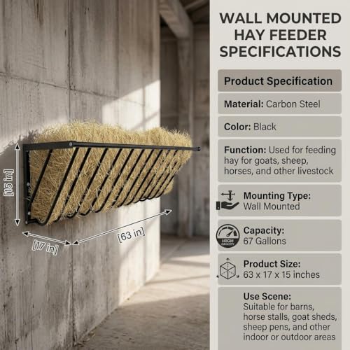 Wall Mount 67 Gallon Hay Feeder Livestock Hay Rack | Heavy duty carbon steel, reduce hay waste, fits goats sheep horses, barn indoor outdoor easy install