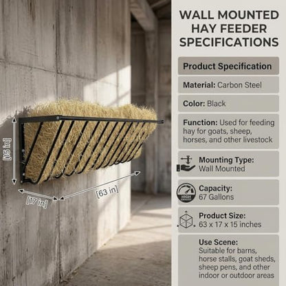 67 Gallon Wall Mount Livestock Hay Feeder Hay Rack | Rustproof carbon steel slat design, space saving wall mount for horse goat sheep farm feeding