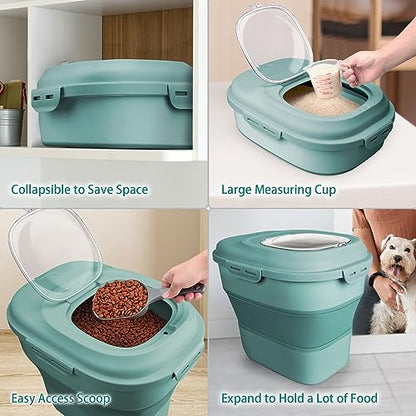 Komzon Rice Storage Bin Cereal Containers, 13-50lb Collapsible Rice Container Dispenser with Transparent Lid, Rolling Wheels, Measuring Cup and Scoop, Airtight Dog Cat Pet Food Storage Container Green - color: Green