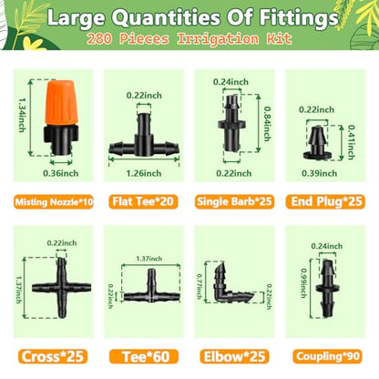 280 Pcs Barbed Connectors Irrigation Fittings Kit, Drip Irrigation Barbed Parts 1/4'' Tubing Kit for Garden Lawn (Nozzles, Nozzle Tees, Single Barbs, Couplings, Tees, Elbows, Plugs, Crosses) - size: 1/4 Inch Fittings-280P