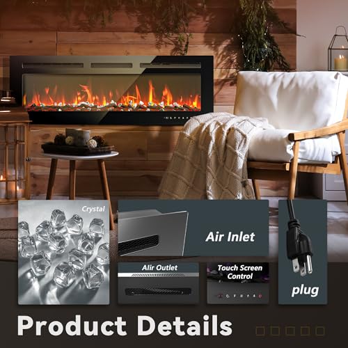 EUHOMY 50 Inch Electric Fireplace Wall Recessed and Wall Mounted with Adjustable Flame Color, Fireplace Heater with Remote Control, Linear Fireplace with Timer, Touch Screen, Log & Crystal, 750/1500W - size: 50 Inch