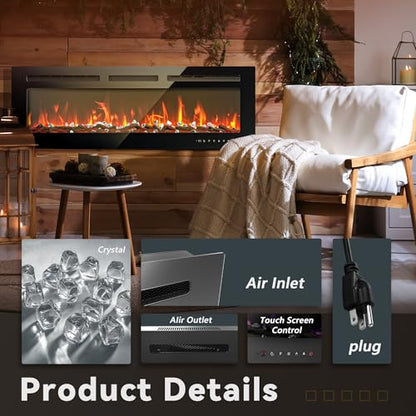 EUHOMY 50 Inch Electric Fireplace Wall Recessed and Wall Mounted with Adjustable Flame Color, Fireplace Heater with Remote Control, Linear Fireplace with Timer, Touch Screen, Log & Crystal, 750/1500W - size: 50 Inch