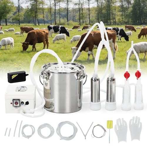 6L Electric Goat Milking Machine, 304 Stainless Steel Bucket, Portable Rechargeable Air Suction Pulsation Vacuum Milker, 4 Safe Grade Silicone Teat Cups, Adjustable Suction for Cows Goats and Sheep