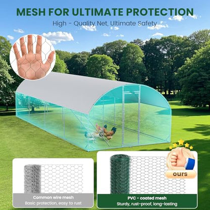 CHIKENCOOP 26x6.5x6.6ft Metal Chicken Coop, Full-Cover 4-Room Chicken Run | Four-room walk-in chicken run with full-top waterproof UV-resistant cover, solar light, support brackets, and rear poles - size: 319.0"L x 118.0"W x 78.0"H