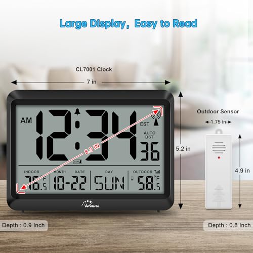 WallarGe Atomic Clock with Indoor Outdoor Temperature - 8.5'' Digital Clock Battery Operated, Self-Setting, 4 Time Zones, DST - size: 8.5 INCH
