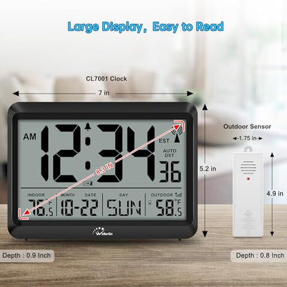 WallarGe Atomic Clock with Indoor Outdoor Temperature - 8.5'' Digital Clock Battery Operated, Self-Setting, 4 Time Zones, DST - size: 8.5 INCH