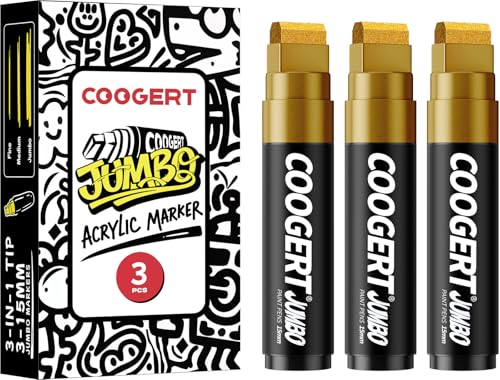 Coogert 3Pcs Gold Jumbo Poster Markers, 15MM Thick Permanent Acrylic Graffiti Markers, Wide Tip Paint Marker for Canvas, Posters Board, Fabric, Window, Glass, Wood, Teachers,Banner painting supplies - color: Gold