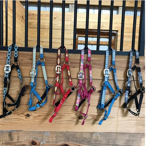 Tahoe Tack Patterned Nylon Adjustable Horse Halters with Padded Noseband and Matching 10’ Soft Grip Lead Rope with one Year Warranty - color: Grey Floral and Hot Pink