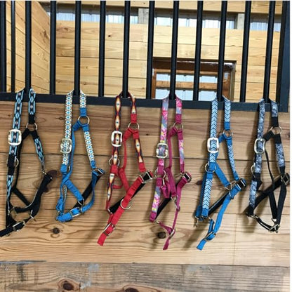 Tahoe Tack Patterned Nylon Adjustable Horse Halters with Padded Noseband and Matching 10’ Soft Grip Lead Rope with one Year Warranty - color: Red Aztec and Red