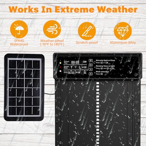 Automatic Chicken Coop Door,Solar Chicken Coop Door with Remote Control, LCD Display Automatic Chicken Door Function with Timer, Light Sensor, Anti-Pinch,Made of Aluminum Alloy and ABS