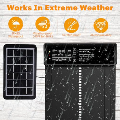 Automatic Chicken Coop Door,Solar Chicken Coop Door with Remote Control, LCD Display Automatic Chicken Door Function with Timer, Light Sensor, Anti-Pinch,Made of Aluminum Alloy and ABS