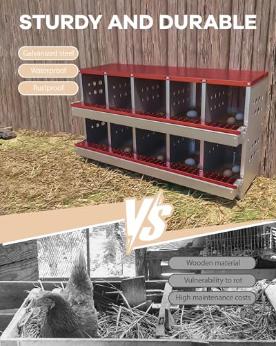 Chicken Nesting Box, 10 Compartment Roll Away Laying Box for Hens, Heavy-Duty Galvanized Steel, Front Egg Collection Tray, 10 Training Eggs Included - color: Red, size: 10 Compartments & 10 Eggs