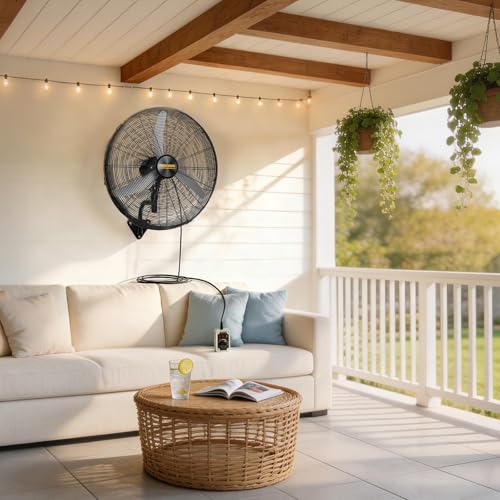 ROVSUN 20" Industrial Wall Fan with Remote Controller & BLDC Motor, High Velocity Wall-mounted Outdoor Fan with 4-Speed and Long Wired Remote, Oscillating Wall Mount Fan for Warehouse, Patio, 2-Pack - size: 20''(2-pack)